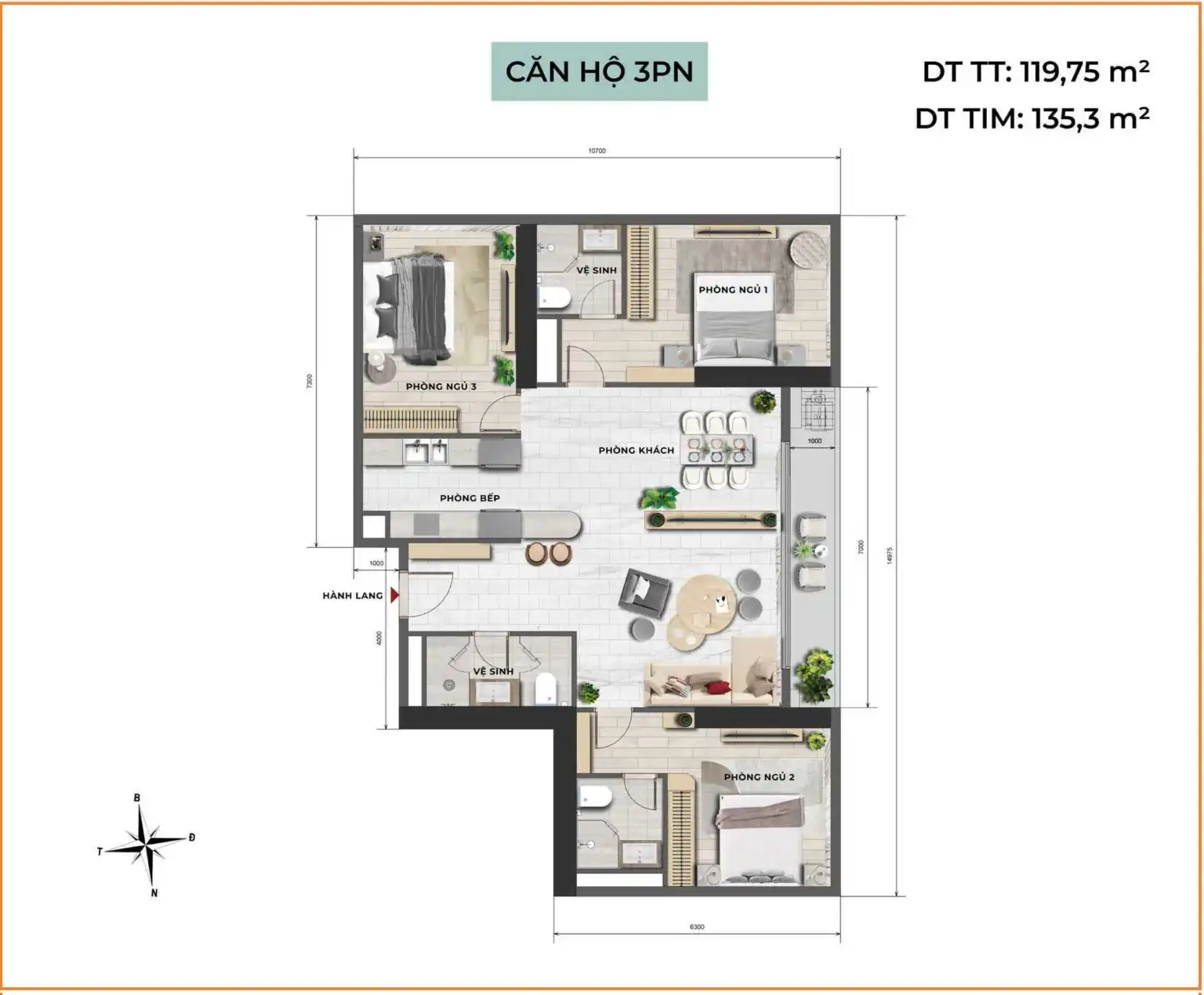 Hình thiết kế căn ba phòng ngủ Tara Maison dùng để xem cách bố trí phòng ngủ và không gian chung